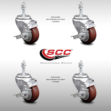 Service Caster 3 Inch SS Maroon Polyurethane Swivel 3/8 Inch Threaded Stem Caster Set Brake SCC SCC-SSTS20S314-PPUB-MRN-TLB-381615-4